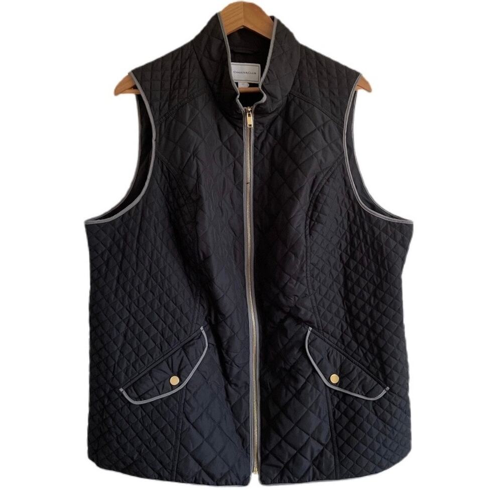 Charter Club Black Quilted Zip-Front Vest with Contrast Trim